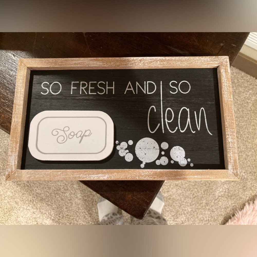 Kirklands bathroom so fresh so clean soap tabletop black white word art decor